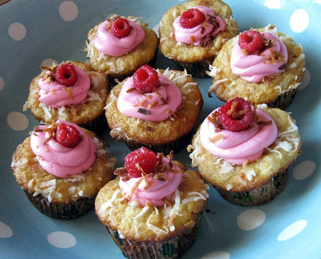 Plate full of raspberry cupcakes