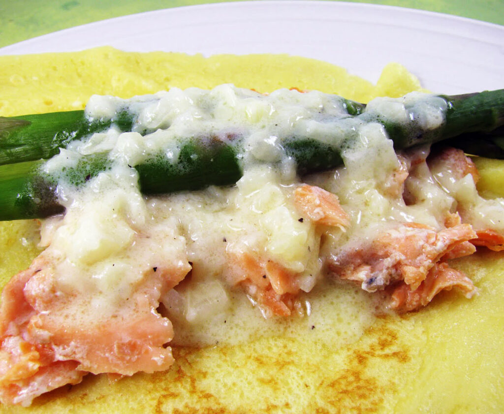 French Crepes Recipe for Dinner with Salmon and Asparagus