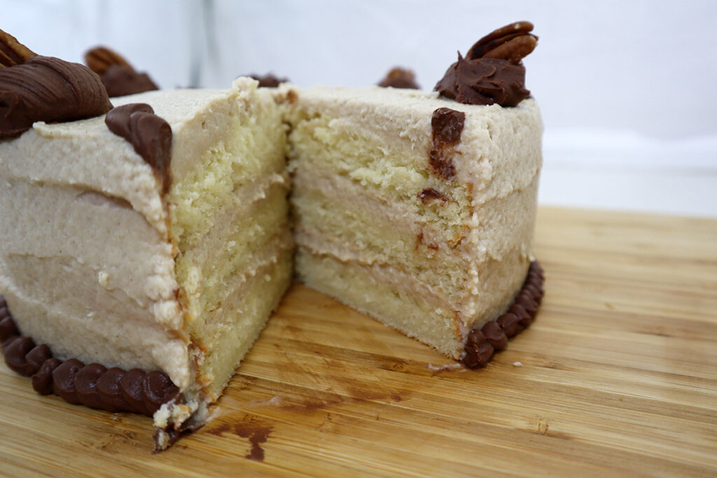 White Velvet Cake with Maple Cinnamon Swiss Meringue Buttercream and Chocolate Ganache