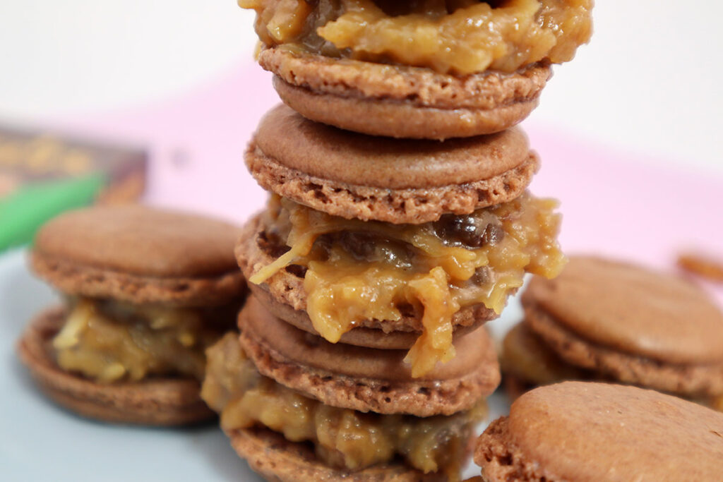 Tower of Chocolate Macarons with German Chocolate filling